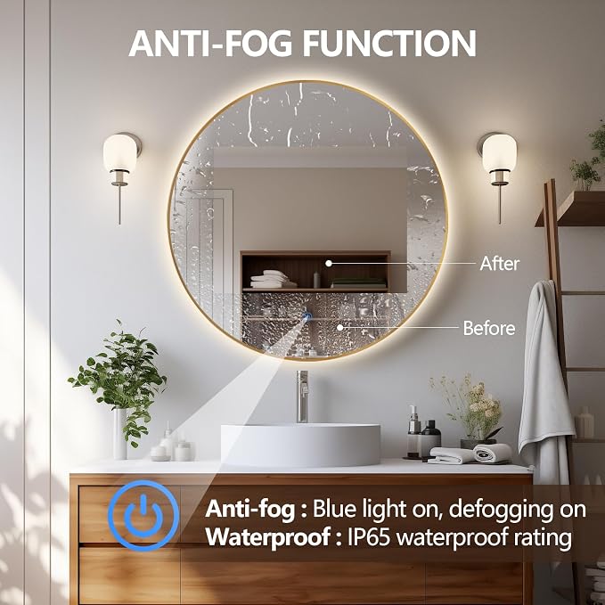Niccy Round LED Bathroom Mirrors, Gold Framed Backlit Vanity Mirror, 36" | LED Smart Circle Mirror with 3 Color Lighting, Anti-Fog Lighted, IP65 Waterproof, Wall Mounted Bathroom Vanity