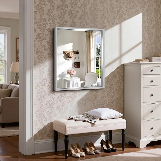 CIRCUMI 24"x30" Brushed Silver Bathroom Mirror, Rectangular Vanity Mirror | Chunky Box Metal Frame, Shatterproof, Tempered Glass, Bathroom Remodel&New Home,Wall Mirror for Over Sink,Living Room,Hallway