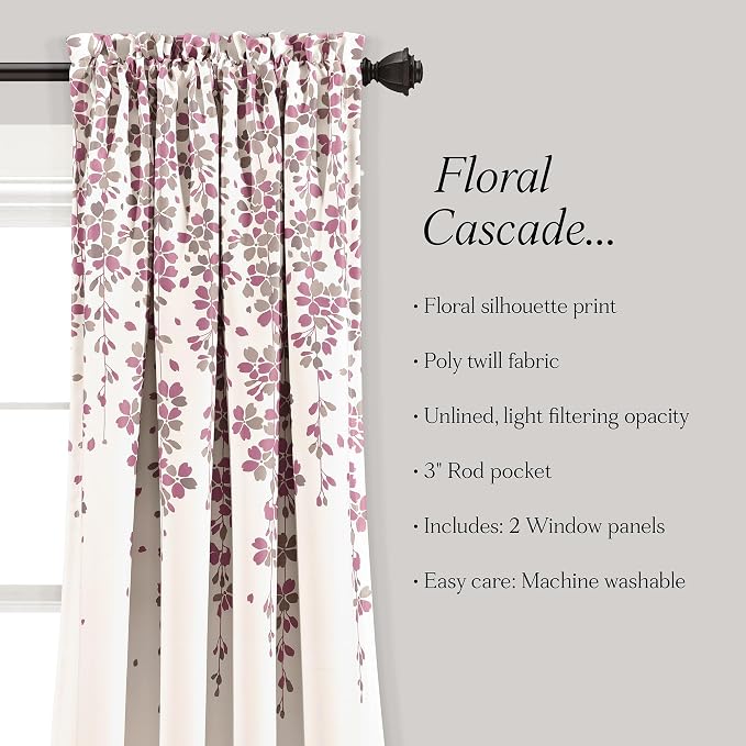 Lush Decor Weeping Flower Light Filtering Window Curtain Panels, Pair, 52"W x 63"L + 2" Header, Purple & Gray- Charming Modern Floral Curtains for Living Room, Dining Room, & Bedroom
