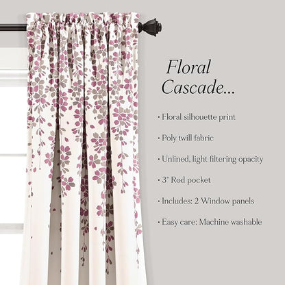 Lush Decor Weeping Flower Light Filtering Window Curtain Panels, Pair, 52"W x 63"L + 2" Header, Purple & Gray- Charming Modern Floral Curtains for Living Room, Dining Room, & Bedroom