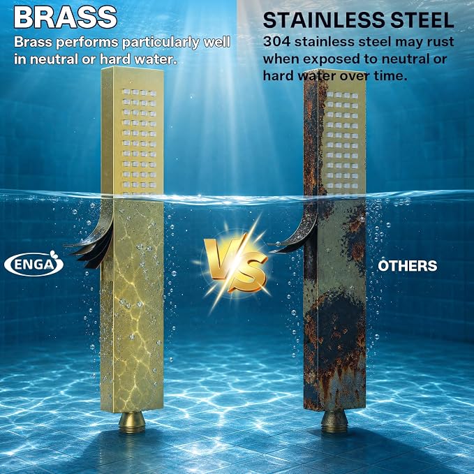 ENGA Square Brushed Gold Solid Brass Hand Held Shower Head With Wall Connector and Hose Wall Mount Handheld Showerheads Set