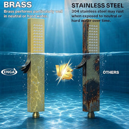 ENGA Square Brushed Gold Solid Brass Hand Held Shower Head With Wall Connector and Hose Wall Mount Handheld Showerheads Set