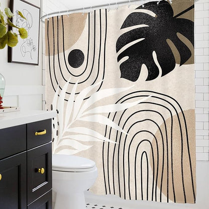 Glawry Boho Mid Century Shower Curtain Abstract Plant Tropical Palm Leaf Modern Minimalist Arch Geometric Bathroom Black Beige Brown 60Wx72L Inches Bath Accessories Art Home Decor Fabric 12 Pack Hooks
