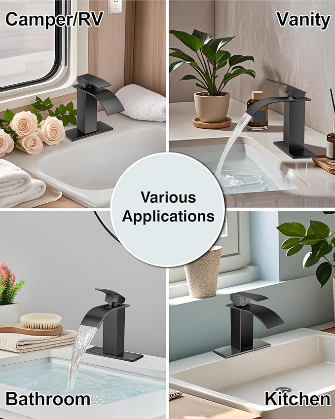 Midanya Bathroom Faucet with Waterfall Spout, Single Hole or 3-Hole Deck Mount, 304 Stainless Steel Sink Faucet with Pop-Up Drain, RV Vanity Compatible,Oil Rubbed Bronze