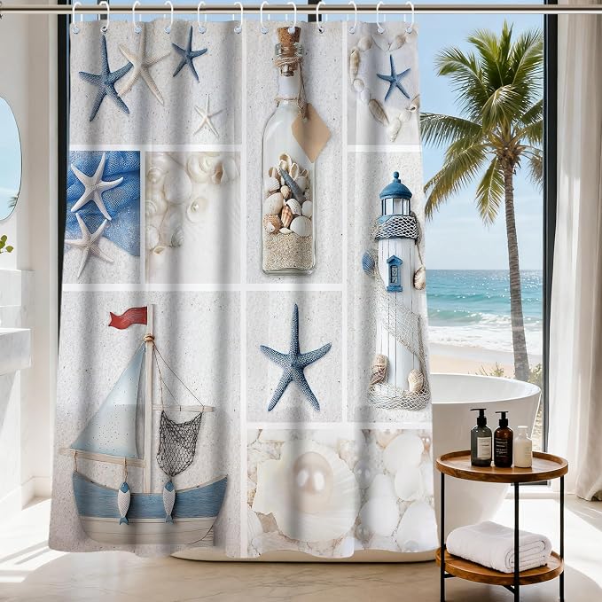 Ocean Modern Beach Shower Curtain, Rustic Luxury Coastal Nautical Kids Seashell Shower Curtains for Bathroom, Waterproof Bath Curtain with Hooks Machine Washable Bathtub Curtains 72x72 Inch Blue White
