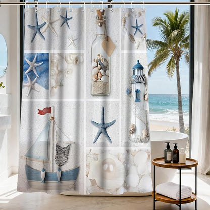 Ocean Modern Beach Shower Curtain, Rustic Luxury Coastal Nautical Kids Seashell Shower Curtains for Bathroom, Waterproof Bath Curtain with Hooks Machine Washable Bathtub Curtains 72x72 Inch Blue White