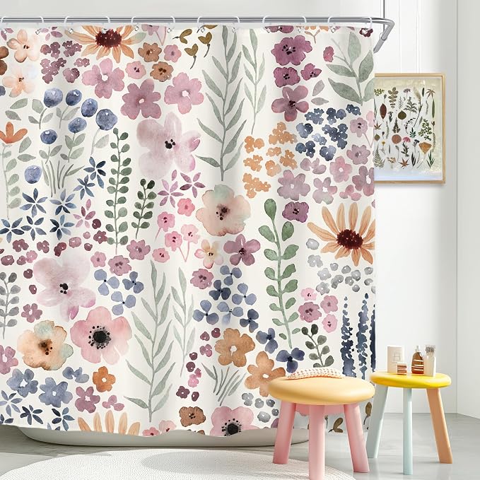 Extra Long Cute Boho Wildflower Watercolor Kids Bathroom Shower Curtain Set | 72"W x 84"H Leaves Girls; waterproof HD print, quick-dry fabric with 12 hooks for easy hanging.