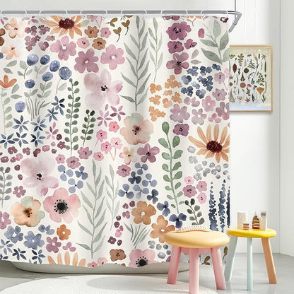 Extra Long Cute Boho Wildflower Watercolor Kids Bathroom Shower Curtain Set | 72"W x 84"H Leaves Girls; waterproof HD print, quick-dry fabric with 12 hooks for easy hanging.