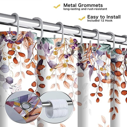 Orange Eucalyptus Shower Curtain, Watercolor Plants Foliage Floral Terracotta Bathroom Curtains, Vintage Botanical Leaves Waterproof Fabric Cloth Shower Curtain with Hooks 72X72 Inch