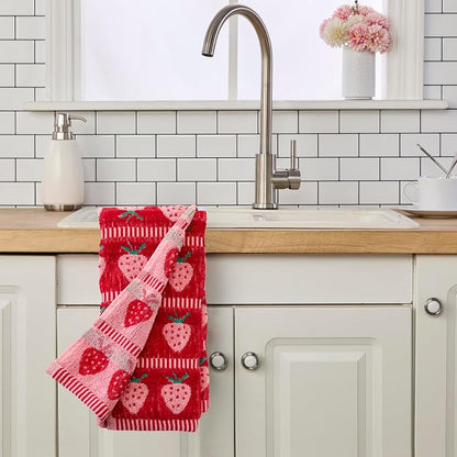 SKL Home Strawberry Jacquard Hand Towel Set-2pc, 100% Cotton, Red | Plush & absorbent terry. For use in the bathroom, kitchen or bar. Great for spring, summer & year-round décor.