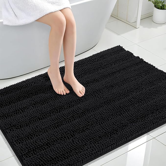 OLANLY Thick Large Bathroom Rugs 44x32, Soft Chenille Bath Rugs, Black | Absorbent Striped, Rubber Backing, Machine Wash Dry, Bath Mats for Bathroom Floor, Tub and Shower, Home Decor Accessories