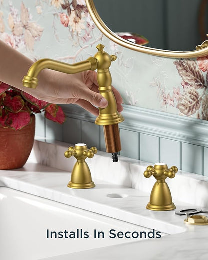 FORIOUS 3 Hole Vintage Bathroom Faucet Brushed Gold, 2 Handles 8 Inch Widespread Antique Brass Bathroom Sink Faucet for Vanity RV Farmhosue, with Metal Pop Up Drain and Supply Lines