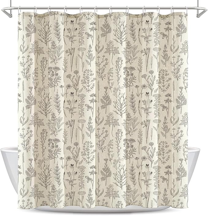 Coxila Linen Textured Shower Curtain Vintage Floral Beige Flower Retro Spring Cream Plant Botanical Boho Country Cute Rustic Farmhouse Wildflower Toile Bathroom 72 x 72 Inch Fabric Cloth 12 Pack Hooks