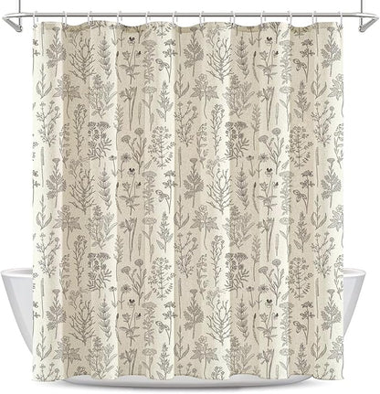 Coxila Linen Textured Shower Curtain Vintage Floral Beige Flower Retro Spring Cream Plant Botanical Boho Country Cute Rustic Farmhouse Wildflower Toile Bathroom 72 x 72 Inch Fabric Cloth 12 Pack Hooks