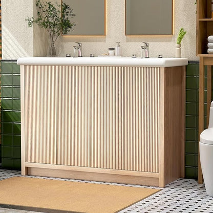 48 Inch Bathroom Vanity with Double Sink, Bathroom Sink Cabinet with 4 Fluted Doors, Double Sink Bath vanities Combo, Light Oak (20" D x 48" W x 36" H)