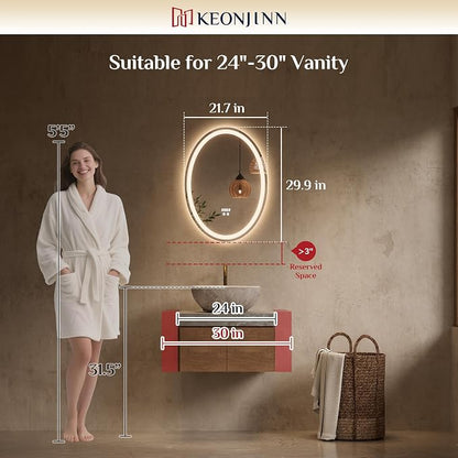 Keonjinn 22 x 30 Inch Oval LED Bathroom Mirror with Frontlit and Backlit | Tempered Glass, 3 Colors Lights, Safe & Fast Defogging, Memory Function, Stepless Dimmable, Easy Install, Plug in/Hardwired