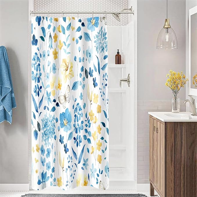 Small Stall Shower Curtain 36 x 72 Inch, Half Narrow Blue Yellow Floral Shower Curtains for Bathroom, Watercolor Flower Butterfly Fabric Shower Curtain Set with Hooks