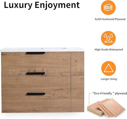 Bathroom Vanity with Sink 30 Inch, Single Sink Modern Bathroom Vanities Set, Wall-Mounted Bathroom Vanity, Floating Soft Close Door (IMO, 30 * 18)