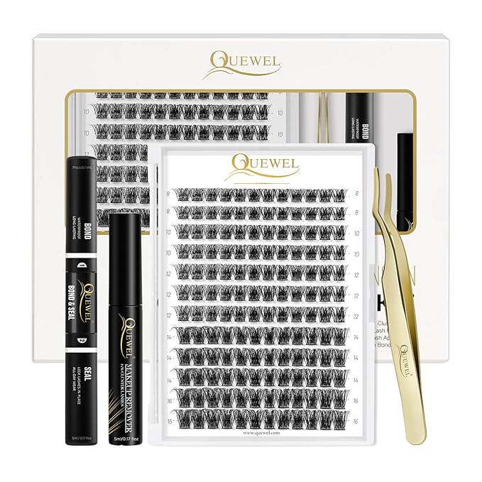 QUEWEL DIY Eyelash Extensions Kit, Lash Clusters 144 Pcs, Clusters Eyelash | Applicator Tool, Super Hold Cluster Lashes Bond and Seal, Clusters Lash Glue Remover Easy to Apply at Home(S012-Kit)