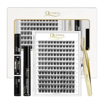 QUEWEL DIY Eyelash Extensions Kit, Lash Clusters 144 Pcs, Clusters Eyelash | Applicator Tool, Super Hold Cluster Lashes Bond and Seal, Clusters Lash Glue Remover Easy to Apply at Home(S012-Kit)