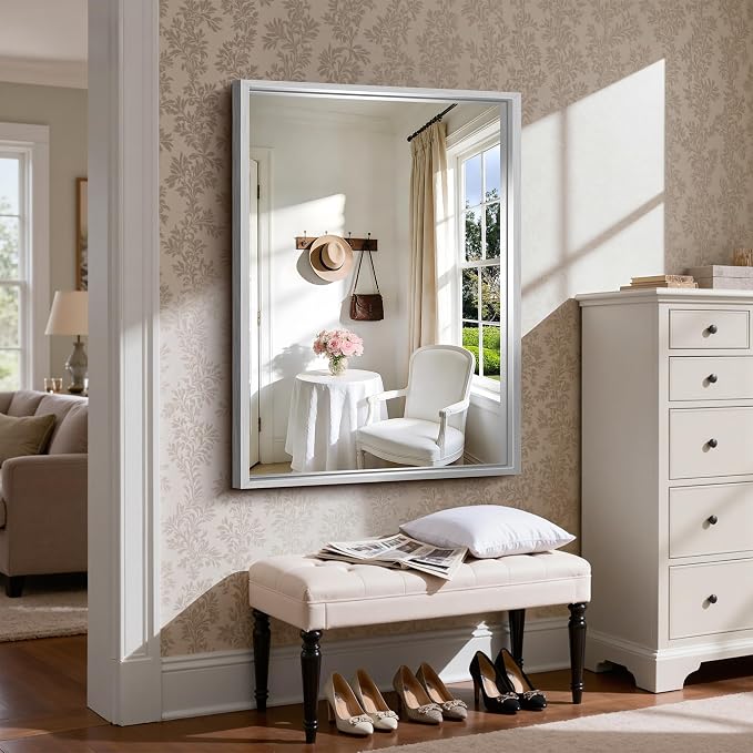 CIRCUMI 30"x42" Brushed Silver Bathroom Mirror, Rectangular Vanity Mirror | Chunky Box Metal Frame, Shatterproof, Tempered Glass, Bathroom Remodel&New Home,Wall Mirror for Over Sink,Living Room,Hallway