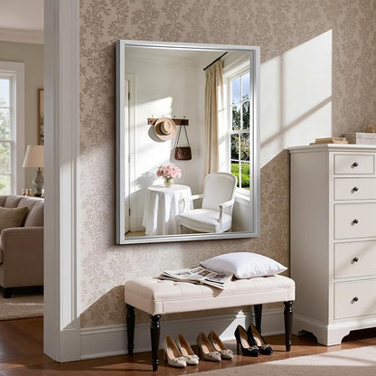 CIRCUMI 30"x42" Brushed Silver Bathroom Mirror, Rectangular Vanity Mirror | Chunky Box Metal Frame, Shatterproof, Tempered Glass, Bathroom Remodel&New Home,Wall Mirror for Over Sink,Living Room,Hallway