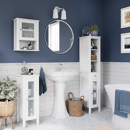 RiverRidge Prescott Slim Bathroom Linen Storage Cabinet, White | Versatile Narrow Organizer with Reeded Glass Door, Adjustable Shelves, Soft-Close Hinges