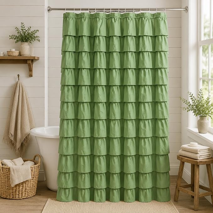 Sage Green Ruffle Shower Curtain for Bathroom, 72x84 inch, 1 Panel | Cottagecore Bathroom Decor, Soft Microfiber Fabric, Extra-Long 72 X 84, 12 Hooks Included, Machine Washable, Opaque Privacy