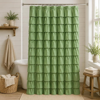 Sage Green Ruffle Shower Curtain for Bathroom, 72x84 inch, 1 Panel | Cottagecore Bathroom Decor, Soft Microfiber Fabric, Extra-Long 72 X 84, 12 Hooks Included, Machine Washable, Opaque Privacy