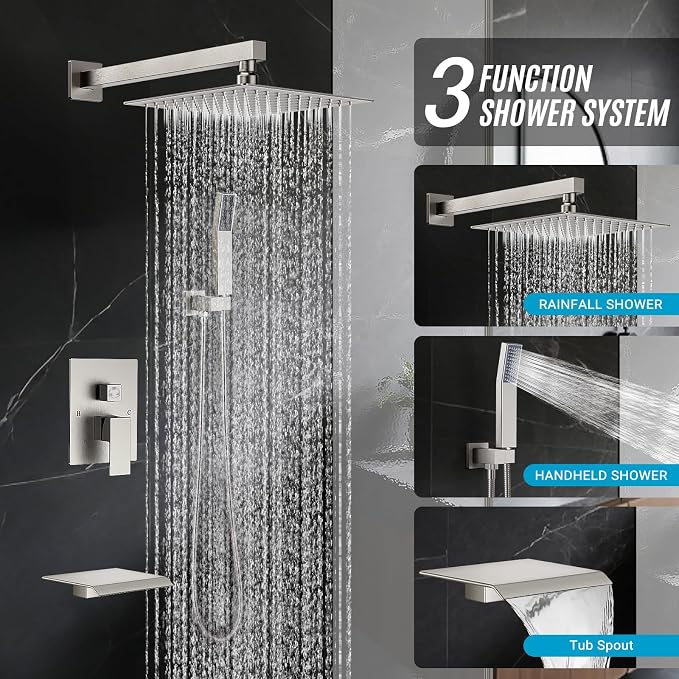 10" Rain Shower Faucet Set with Tub Spout, Brushed Nickel | Anti-scald cartridge, air tech boosts pressure 50%, 3-func diverter, NPT 1/2