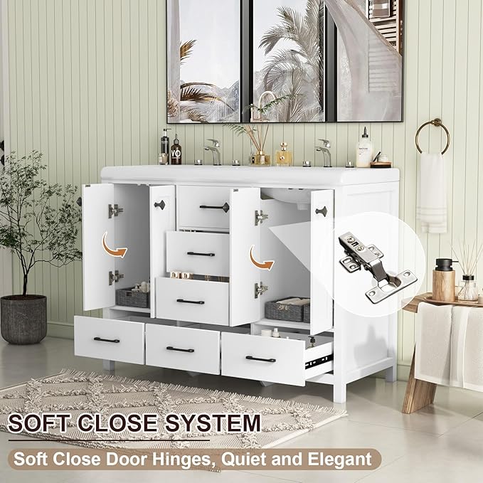 48" Bathroom Vanity with Sink Combo, Modern Bathroom Storage Cabinet with Double Sink Ceramic, 4 Doors and 5 Drawers, Space-Saving Storage Cabinet, White