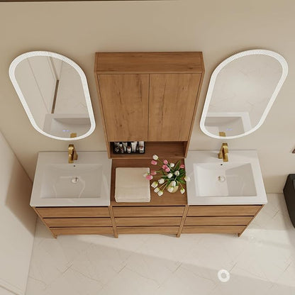 72" Bathroom Vanity Set, 72 Inch Modern Freestanding Vanity with 9 Drawers and 1 Wall-Mounted Side Cabinet, Double Resin Sinks Floor Stand Cabinet Set Imitative Oak