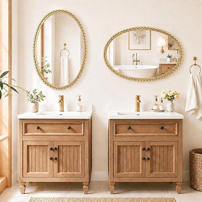 24"x36" Oval Wall Mirror, Antique Gold Bold Beaded Frame | Decorative oval mirror hangs vertically or horizontally for bathroom vanity, powder room, bedroom, entryway, or living room