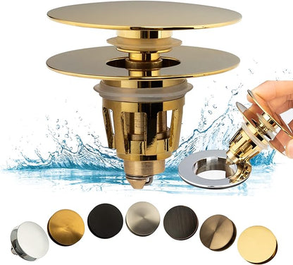 Universal Bathroom Sink Drain Stopper, Fits Most Pop-Up Drains for Vessel Sink Lavatory Vanity, Sink Drain Strainer with Detachable Hair Catcher, Tested by Plumber in US (Polished Brass)