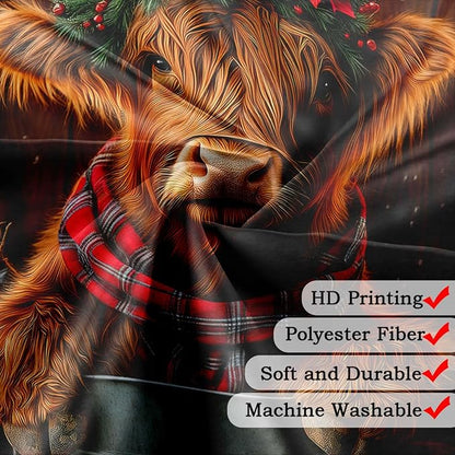 Christmas Highland Cow Shower Curtain, Winter Funny Cow Rustic Western Farmhouse Brown Wood Board Shower Curtain Set Bathroom, Xmas Snowflake Holiday Fabric Bath Decor with Hooks 60X70IN