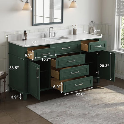 60 Inch Green Bathroom Vanity Single Sink, Fully Assembled Bathroom Vanities with Soft Closing Doors & Dovetail Drawers, Solid Wood Vanity Bathroom, 60 Inch Vanity Single Sink