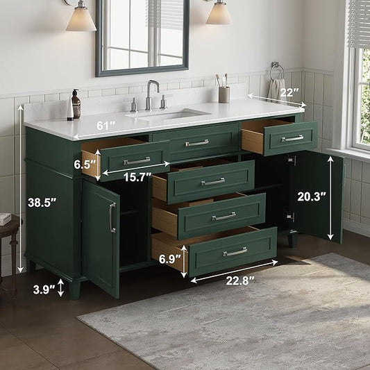 60 Inch Green Bathroom Vanity Single Sink, Fully Assembled Bathroom Vanities with Soft Closing Doors & Dovetail Drawers, Solid Wood Vanity Bathroom, 60 Inch Vanity Single Sink