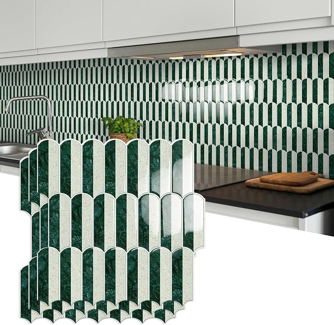 10-Sheet Upgraded Thicker Peel and Stick Kitchen Backsplash Tiles,Waterproof Self-Adhesive Vinyl Wall Tile Stick on Backsplash for Kitchen,Bathroom,Fireplace and RV(Green,12"×12")