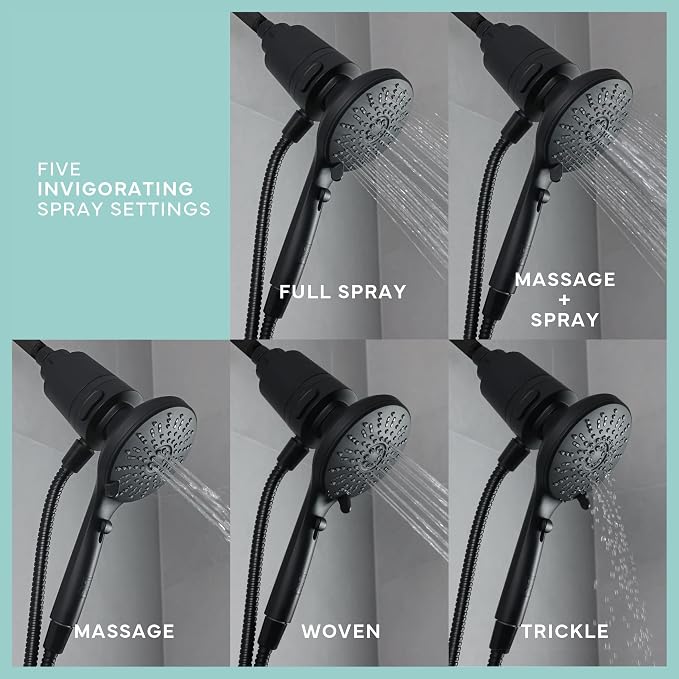 SEVENTY 5-Setting Magnetic Handheld Shower Head with Shower Filter and 59 Inch Hose in Matte Black – Helps Reduce Chlorine and Impurities for Healthier Hair, Skin and Scalp, Easy to Install (12160)