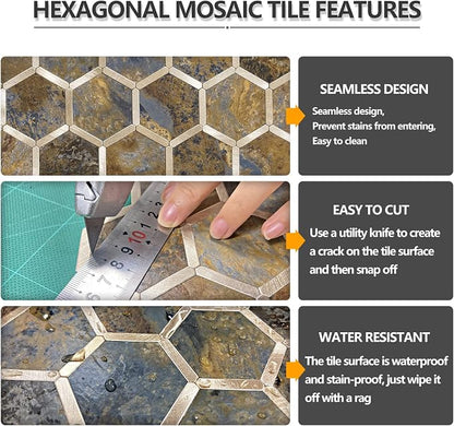 STICKGOO Hexagon Peel and Stick Backsplash Tile, Stick on Backsplash for Kitchen and Bathroom, Rust Slate Look PVC Mixed Metal Gold Self Adhesive Metal Mosaic Tiles(10 Sheets, Seamless)