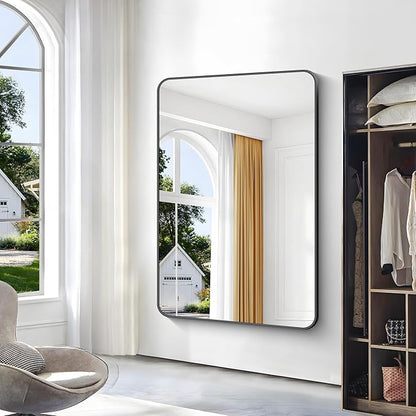 BONEWEI Black Bathroom Mirror,60x40 inch Wall Mirror for Bathroom Wall Mounted,Rectangle Mirror for Bathroom Over Sink,Modern Frame Round Corner for Living Room,Bedroom Entryway,Horizontal/Vertical
