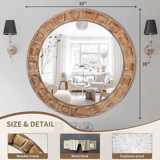30 Inch Brown Solid Wood Round Wall Mirrors, Decorative Circle Mirror for Bathroom, Bedroom, Living Room, Hallway, Foyer, Entryway