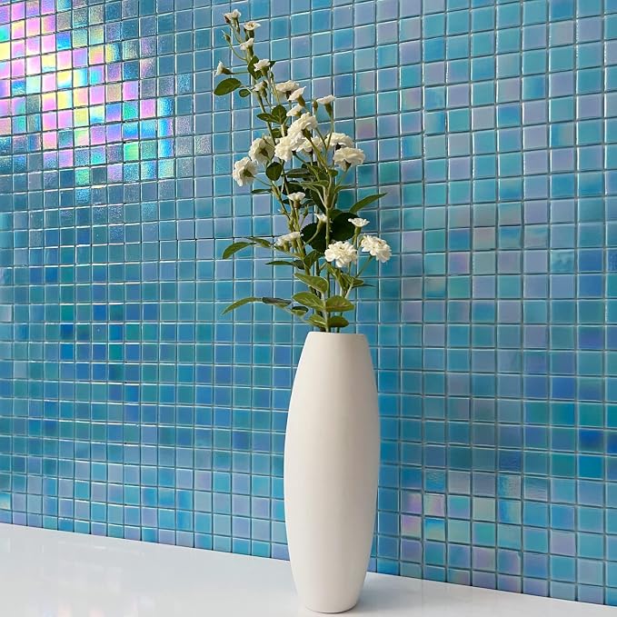 DICOFUN 40-Sheet Rainbow Peel and Stick Backsplash for Kitchen and Bathroom, 6.6" x 6.6" Blue Glass Mosaic Tiles