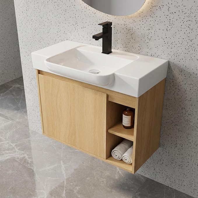 28" Bathroom Vanity with Sink, Wall-Mounted Cabinet, Light Oak | Ceramic Sink, Soft-Close Door & 2 Open Storage Shelves, Modern Farmhouse Sink Cabinet, Easy to Clean for Small Bathroom