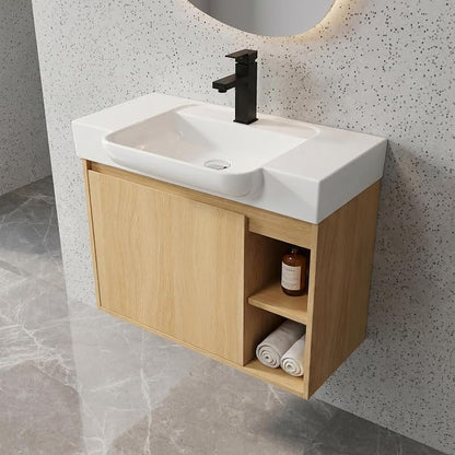 28" Bathroom Vanity with Sink, Wall-Mounted Cabinet, Light Oak | Ceramic Sink, Soft-Close Door & 2 Open Storage Shelves, Modern Farmhouse Sink Cabinet, Easy to Clean for Small Bathroom