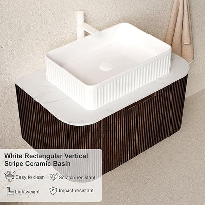 30'' Floating Bathroom Vanity with Sink, Natural Solid Wood Modern Bathroom Vanities with Rectangular Ceramic Basin and Marble Top, Soft-Close Drawer, Pre-Assembled Cabinet, Dark Walnut