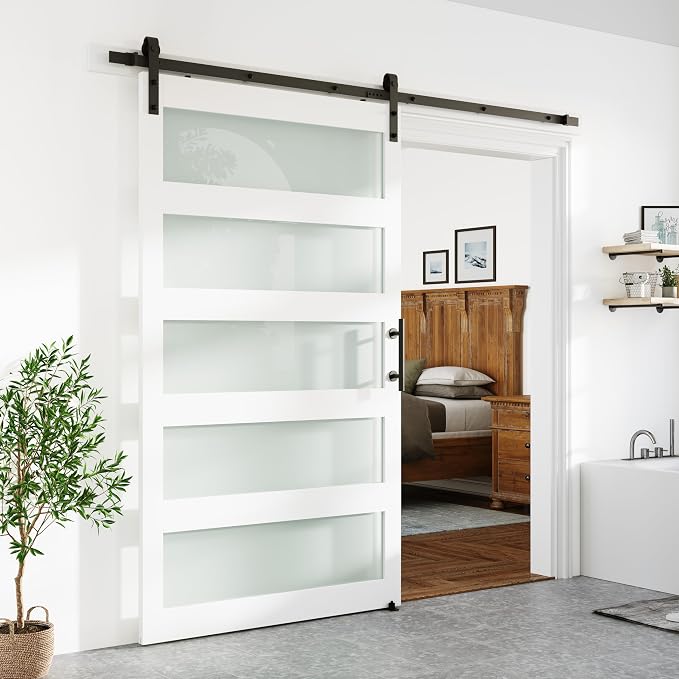SMARTSTANDARD 48 x 84 in Glass Barn Door with 8FT Sliding Hardware Kit | Pre-Drilled Ready to Assemble, Waterproof PVC Coating, White, 5-Panel Glass