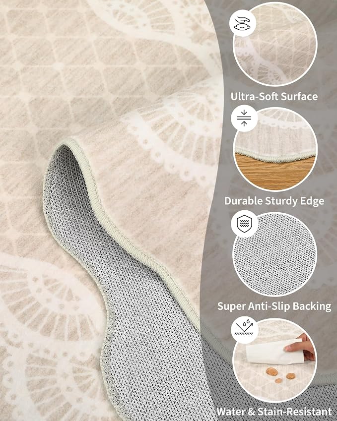 GarveeHome Hallway Rug 2x6 Scalloped Kitchen Runner Rug, Non-Slip Modern Bordered Bedside Rug, Non-Shedding Scalloped Carpet Runner for Laundry Room, Bedroom, Living Room, Beige