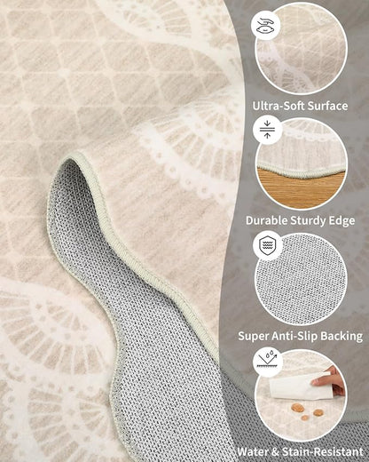 GarveeHome Hallway Rug 2x6 Scalloped Kitchen Runner Rug, Non-Slip Modern Bordered Bedside Rug, Non-Shedding Scalloped Carpet Runner for Laundry Room, Bedroom, Living Room, Beige