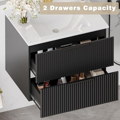 Pipleo 24" Bathroom Vanity Cabinet with Sink and Faucet, Wall Mounted Floating Bathroom Vanity with 2 Big Drawer and Metal Handles (Black, 24")